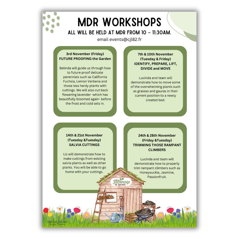 Garden Club workshops poster. Four squares containing informative text. Image of garden shed.