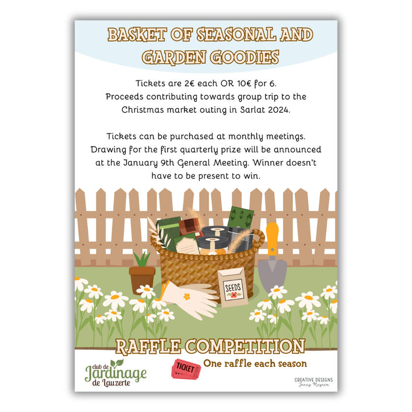 Garden Club raffle competition poster. Image of a hamper filled with goodies and informative text.
