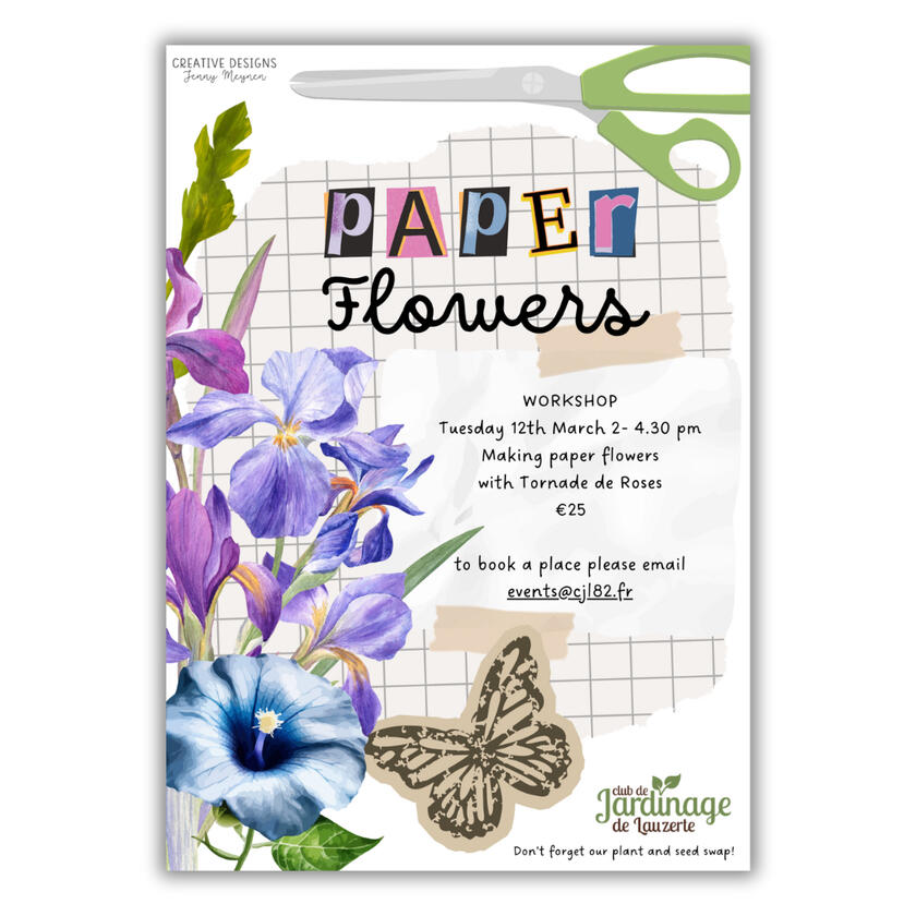 Garden Club paper flowers workshop poster. Scrapbook style images of papers, scissors and flowers in greens and purple