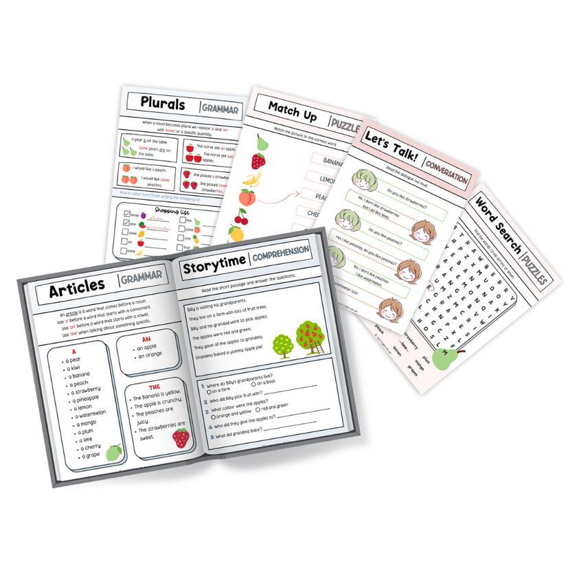 Mock up of ESL workbook for learning fruit. Blue, pink and red colour scheme, text and fruit graphics.