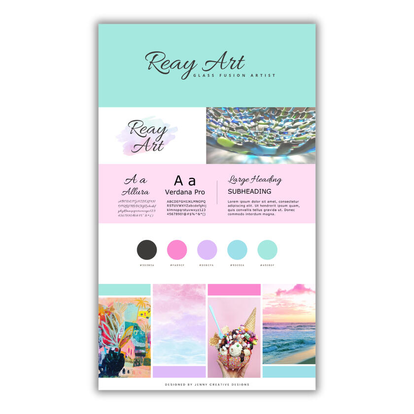Branding page for Reay Art including: logo, fonts, colour palette and mood board
