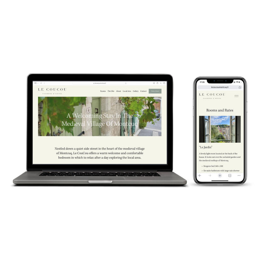 Laptop and iPhone mockup of Le Coucou website using sage green and cream colour palette.