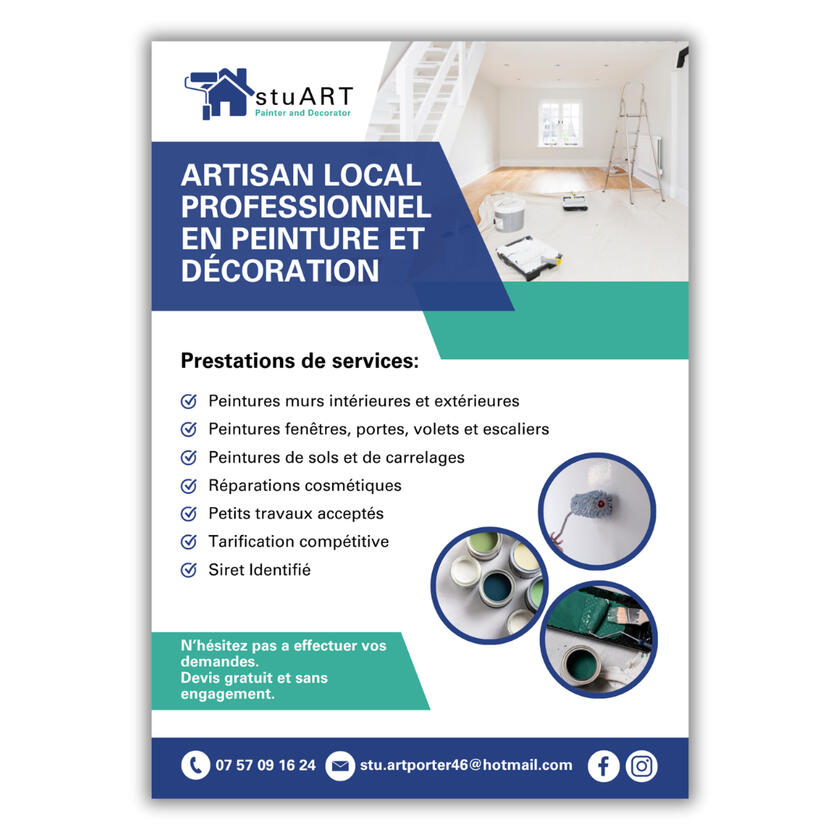 stuART painter and decorator flyer: blue-green-white with contact info & decorative images.