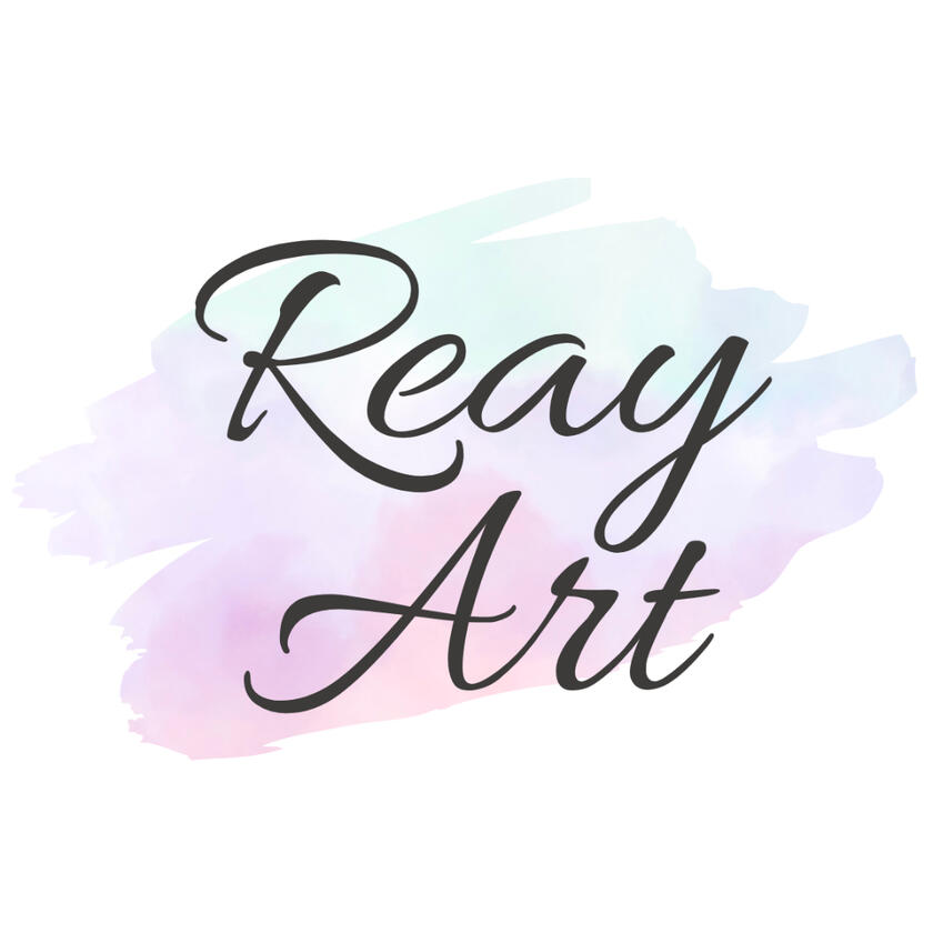 Reay Art logo, black script text over pastel colour brush stroke