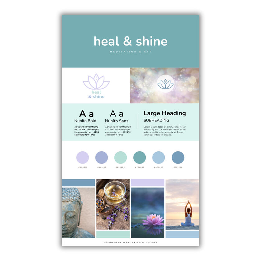 Branding page for heal & shine including: logo, fonts, colour palette and mood board