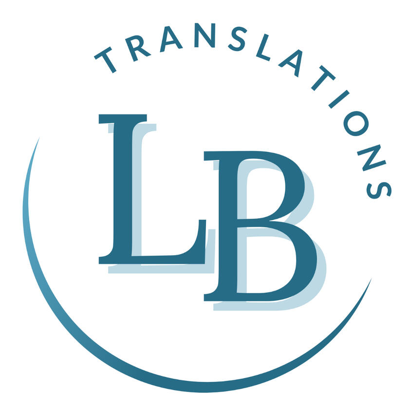 LB Translations logo: blue-green monogram in half circle.
