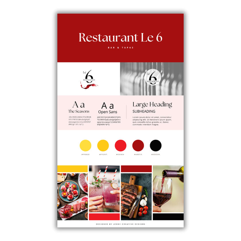 Branding page for Restaurant Le 6 including: logo, fonts, colour palette and mood board